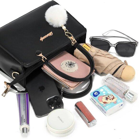 Elegant Women's Black Crossbody Satchel with Adjustable Strap & Spacious Storage - Picture 6 of 8